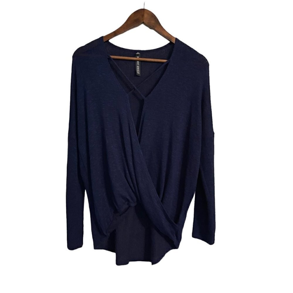Lord & Taylor Design Lab Womens Blue Cage Plunge Faux Wrap Knot Sweater Medium